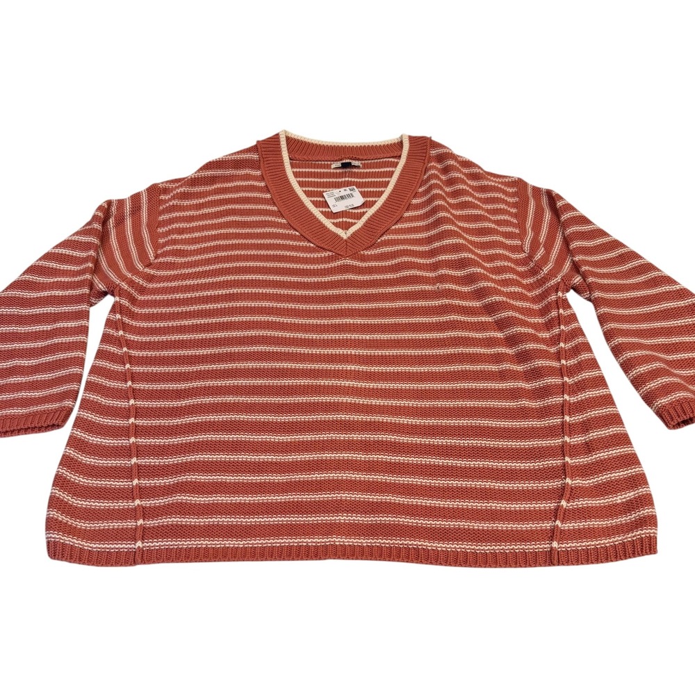 American Eagle Womens V-Neck Striped Knit Sweater Pink Large‎ Oversized Boxy NEW - Picture 2 of 8